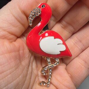 Flamingo Brooch Red Enamel Rhinestone Bird Statement Pin – 2.75” Tall